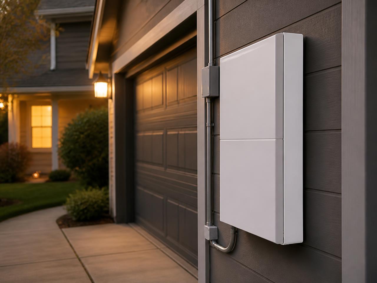 Home battery backup unit professionally installed on the exterior wall of a house at dusk
