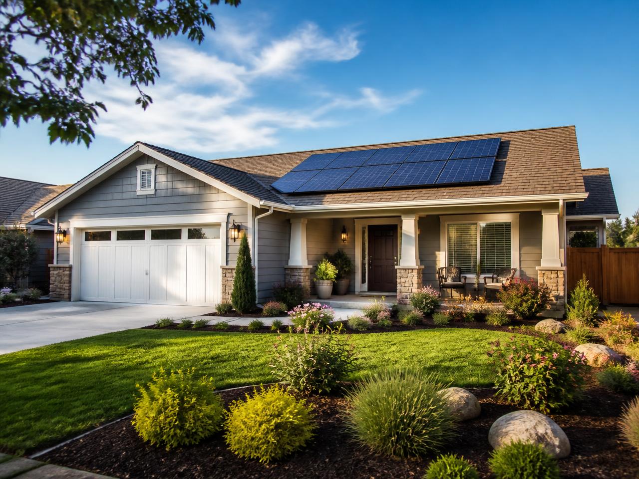 Suburban American home with rooftop solar panels on a clear day